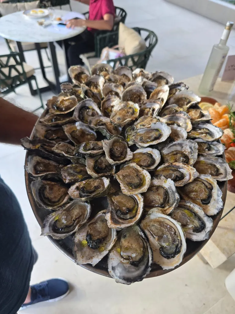 Bandeja redonda com dezenas de ostras na meia-concha regadas com molho, erguida por um atendente durante um evento, com mesas de mármore e cadeiras ao fundo.