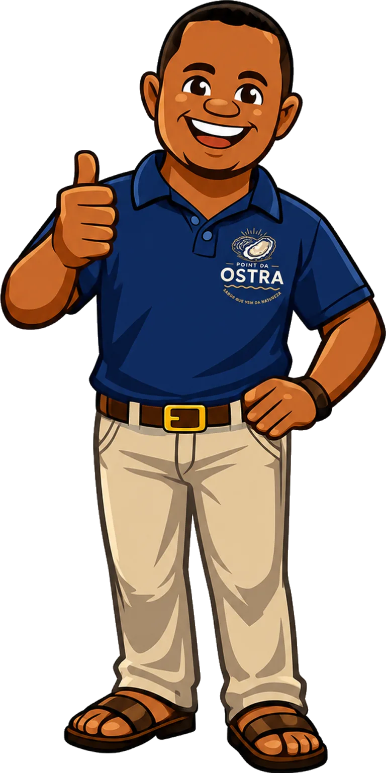 Mascote do Point da Ostra: um anfitrião sorridente, de camisa da marca, fazendo sinal de positivo.