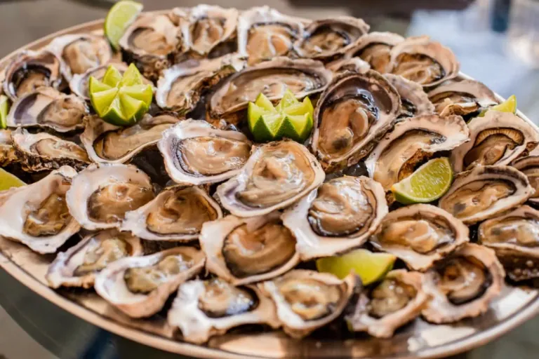 Bandeja de cobre farta de ostras cruas na meia-concha, com gomos de limão distribuídos entre elas.